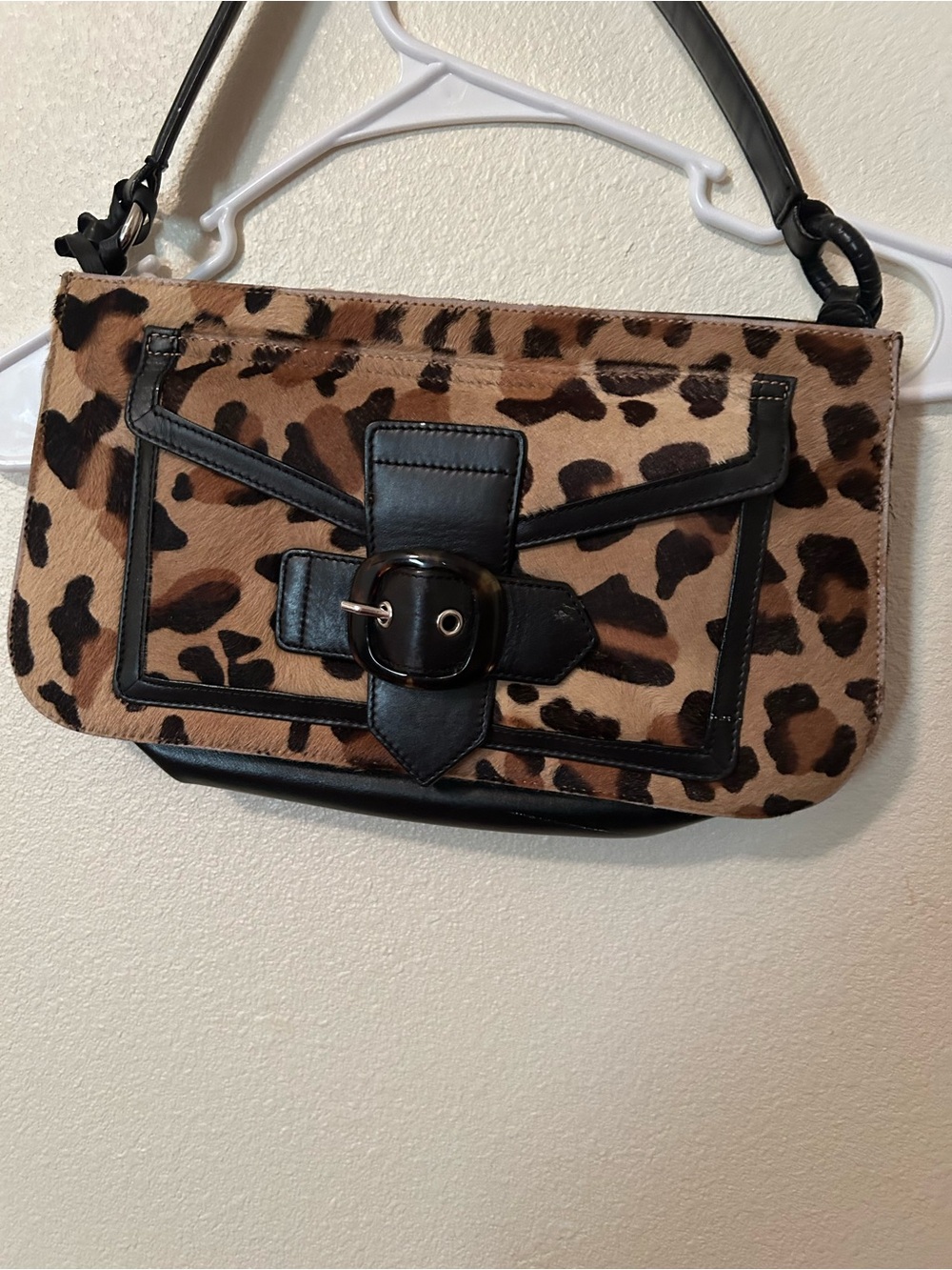 Vintage Via Spiga Leopard Calf Hair Leather Shoulder Bag | Y2K Buckle Flap Purse